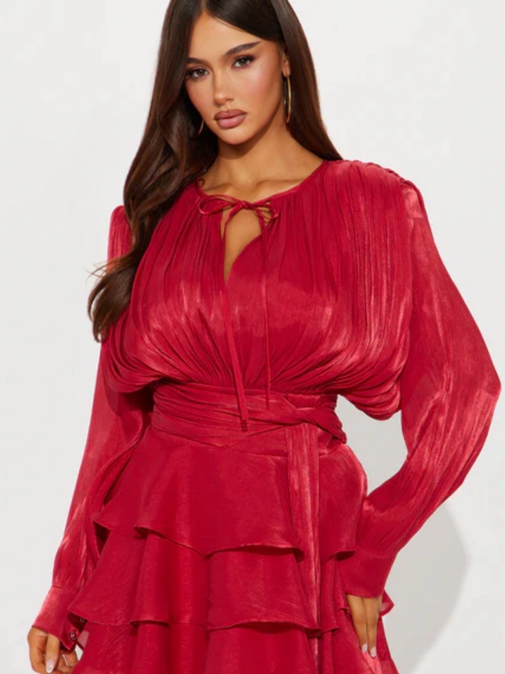 Fashion Nova Burgundy Pleated Ruffle Mini Dress with Waist Sash Brand New